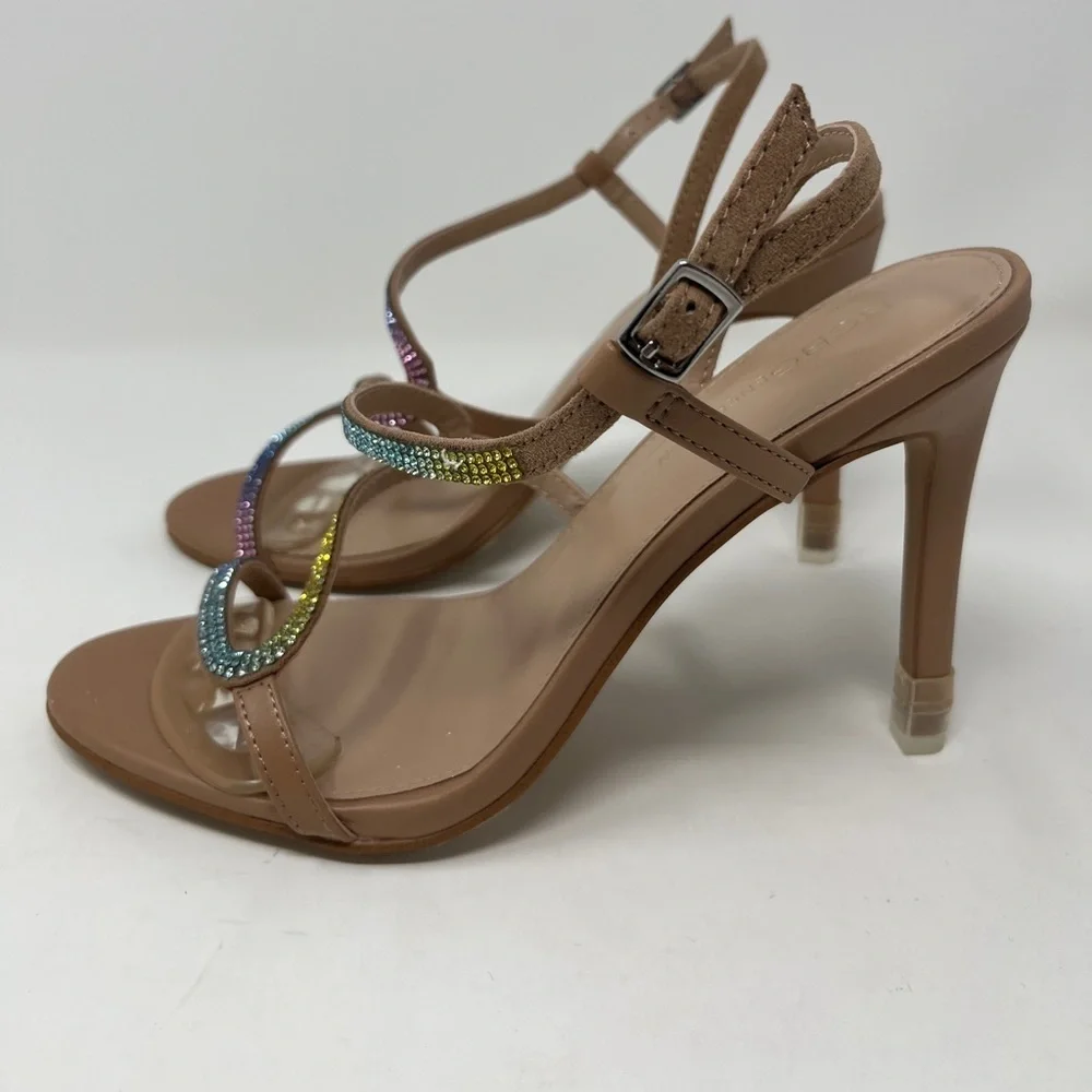 NWOT. BCBG Tan Rainbow Strap Heel Sandals Size 8